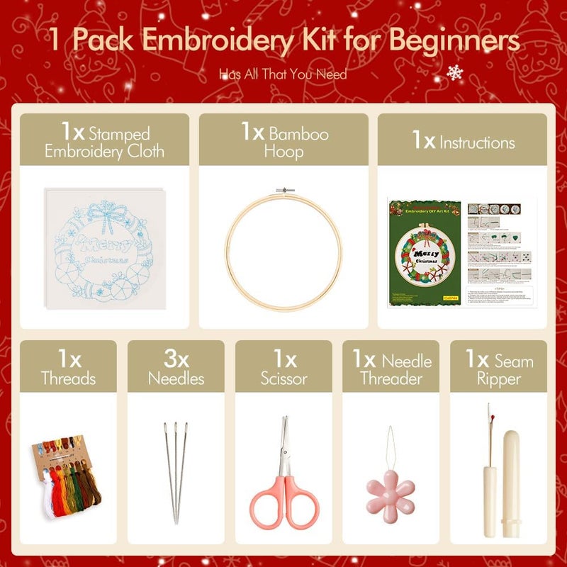 wtisan Christmas Embroidery Kits: 1 Pack Cross Stitch Kit for Beginners Adults, DIY Ornaments Craft Kit with All Tools & Instructions, Stamped Hand Embroidery Starter Kit for Holiday Crafts & Xmas Home Decor - Image 3